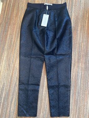 Metallic Navy Straight-Leg Pant with Satin waist accent. Made in Italy. Sz IT 44